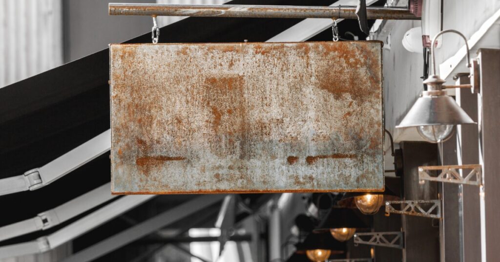 A blank rusty outdoor business sign mounted on a wall with weathered texture and empty space for text or a logo.